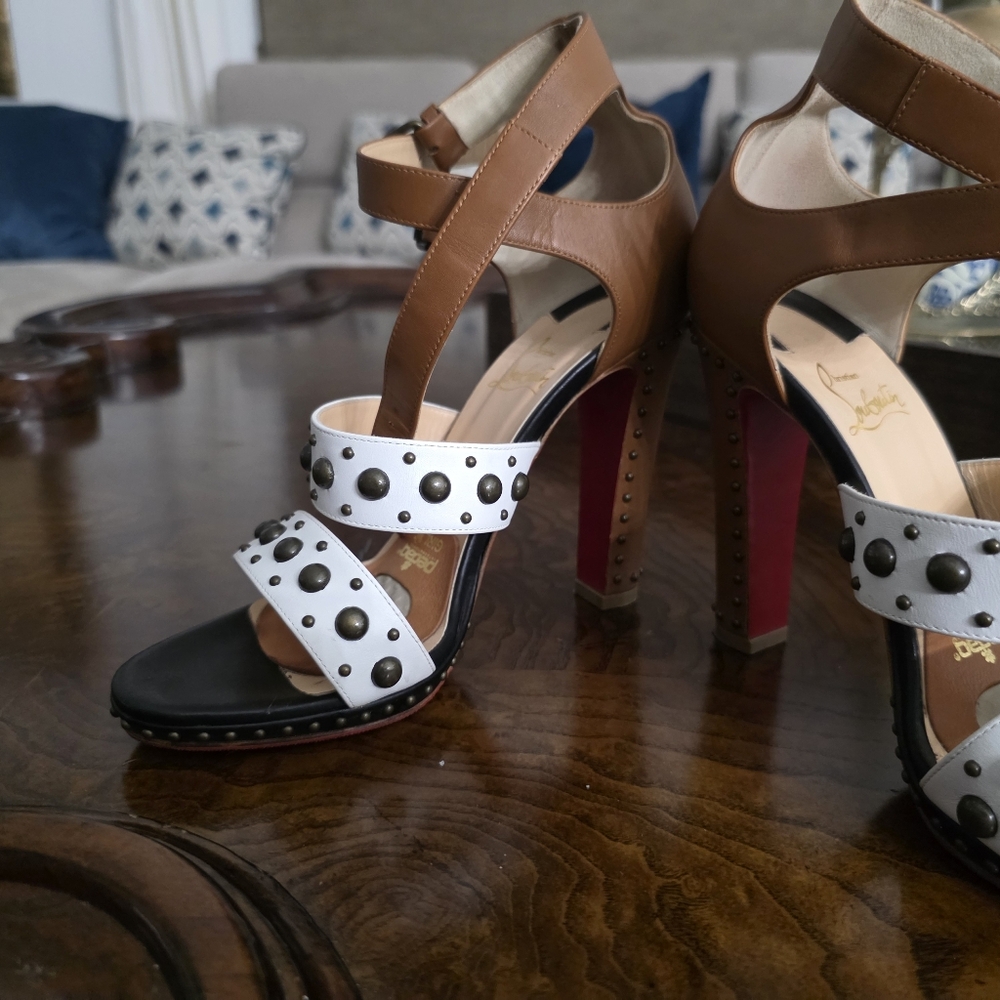 Christian Louboutin Tan and White Studded Heels